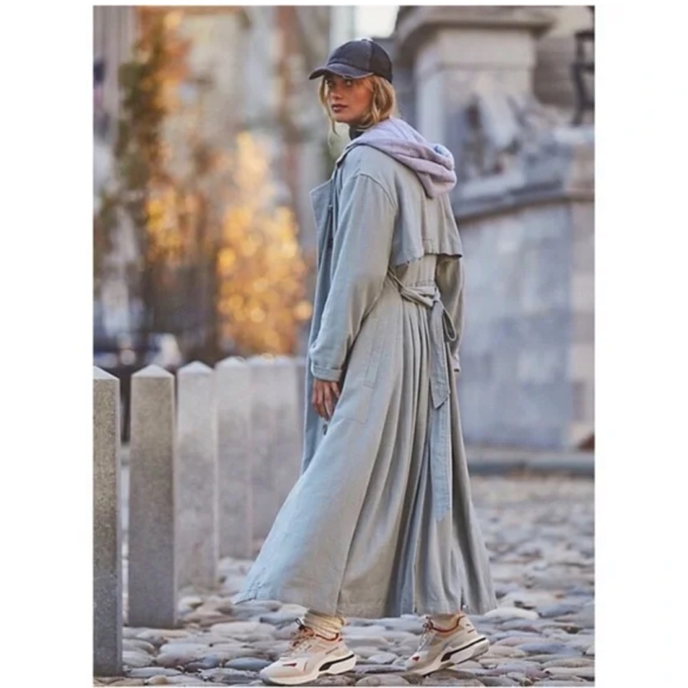 Free People Long Trench Coat with Hooded Layer in Dusty Sage